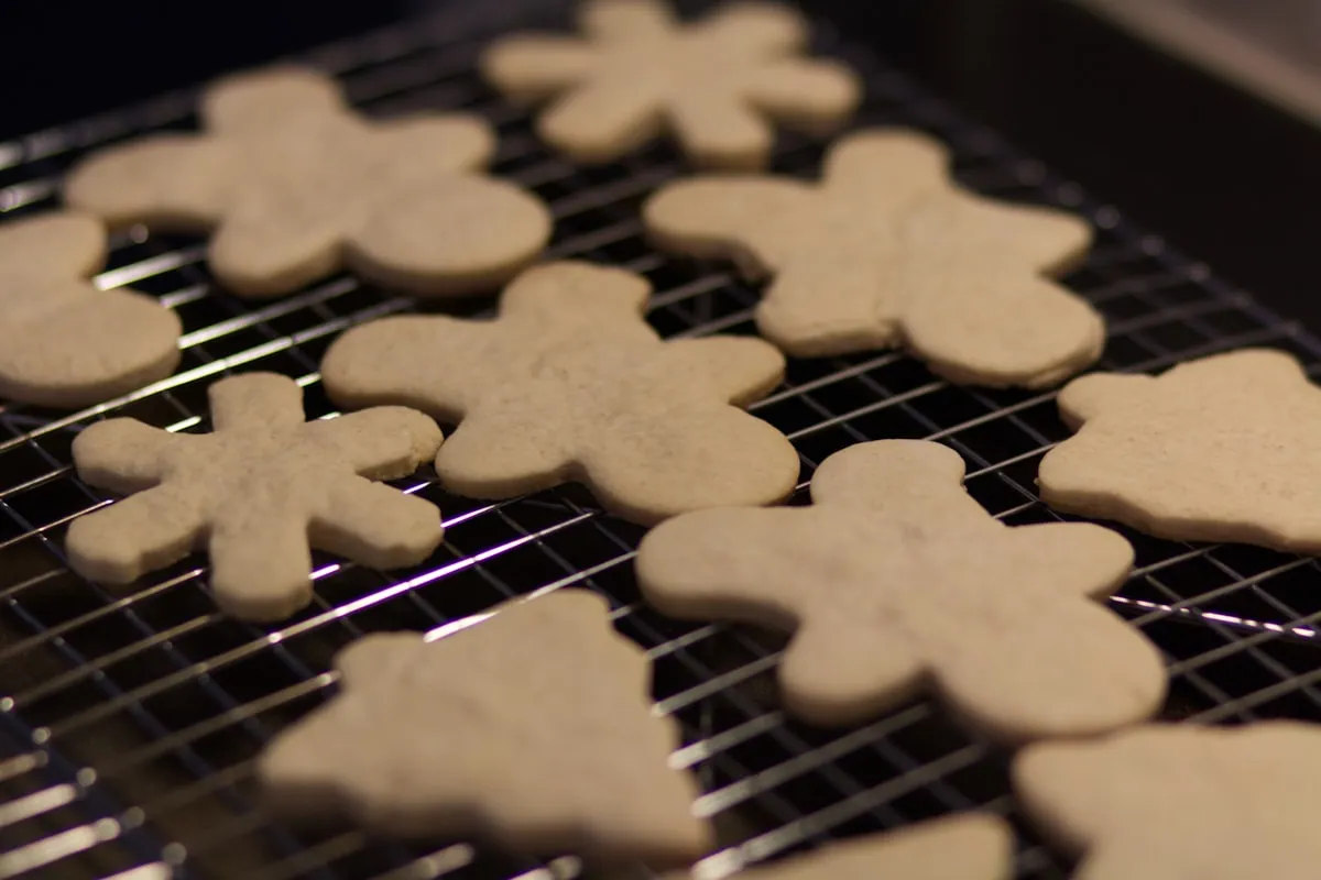 Unfrosted gingerbread men, snowflakes and trees cooling in rows on a wire rack, lit warmly from one side in a dim kitchen