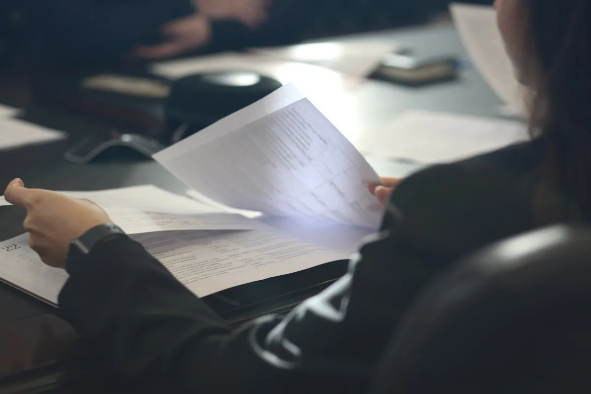 A person in a dark blazer seated at a table, turning a page of a multi-page printed statement while more documents lie spread across the desk