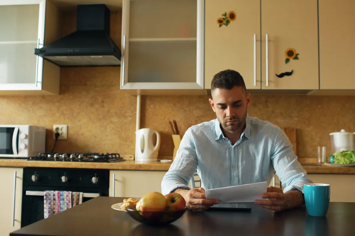 A man in a pale blue shirt sitting at a dark kitchen table reading a document, with a teal mug beside him, a bowl of apples and a plate of pastries in front, and a stove and microwave behind