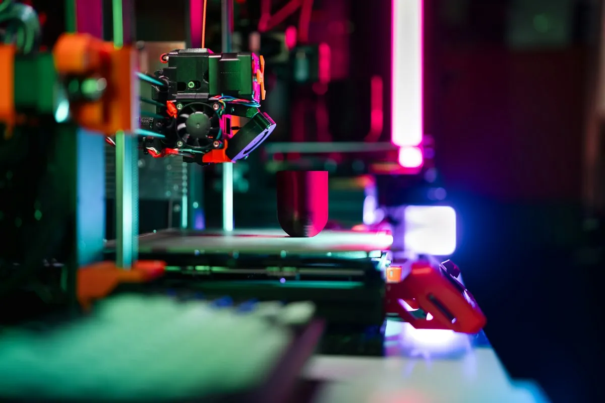 Close-up of an FDM 3D printer mid-print, its black, green and orange print head hovering over a dark red cylindrical part on the build plate, under pink and blue light