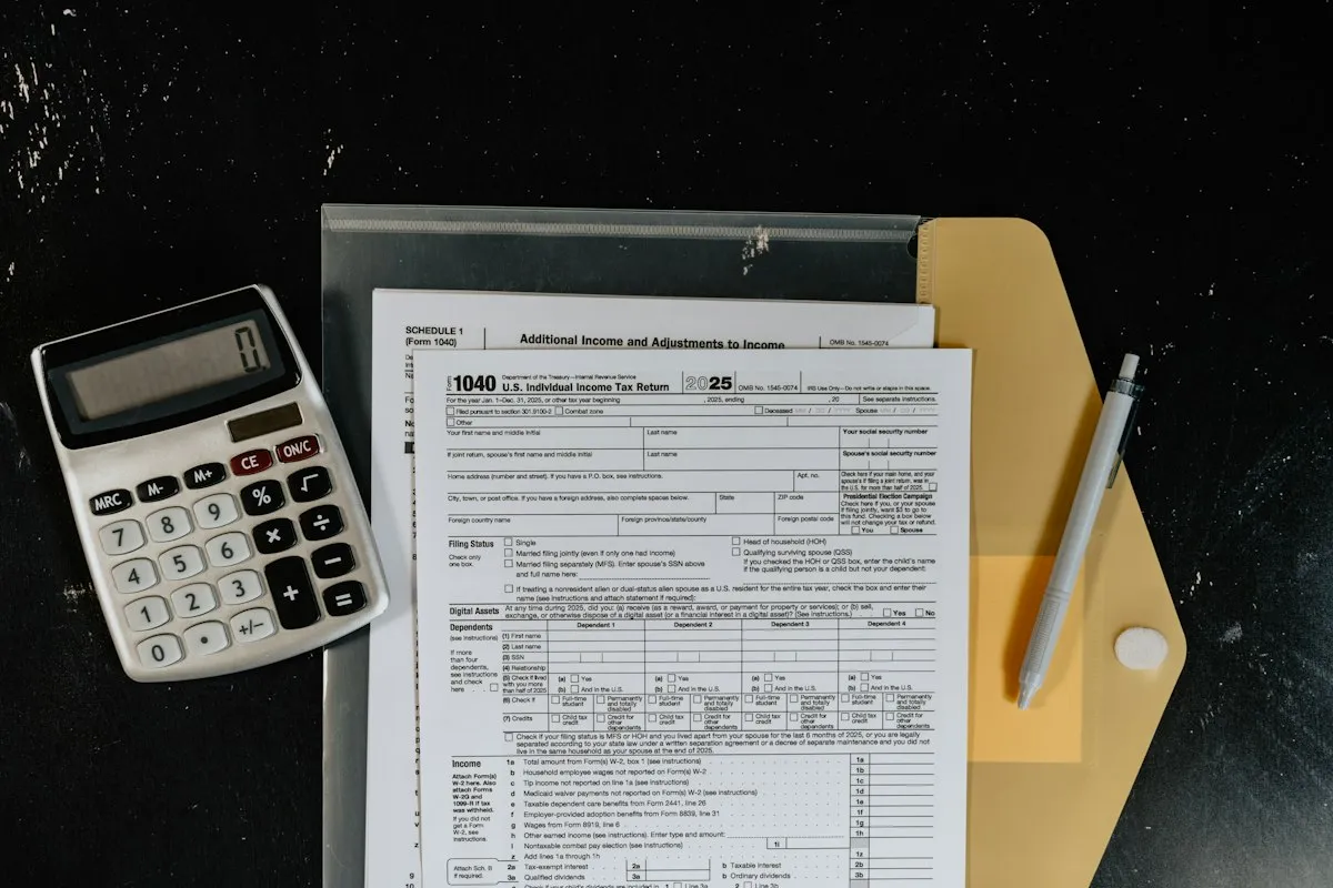 A blank 2025 Form 1040 and Schedule 1 on a yellow folder, beside a white desk calculator reading zero and a pen, on a dark surface