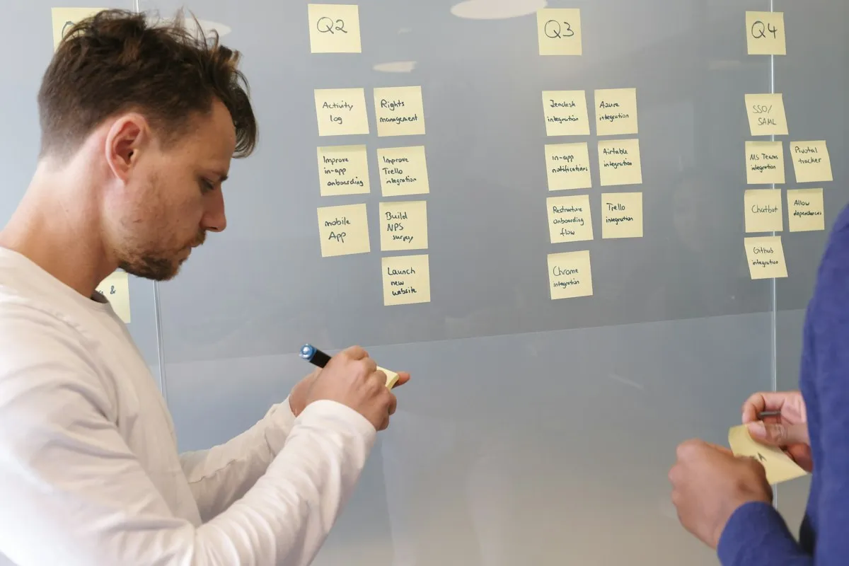 A man in a white long-sleeve shirt writes on a yellow sticky note in front of a glass wall of notes grouped under Q2, Q3 and Q4 headings, while a second person in a blue sweater holds another note