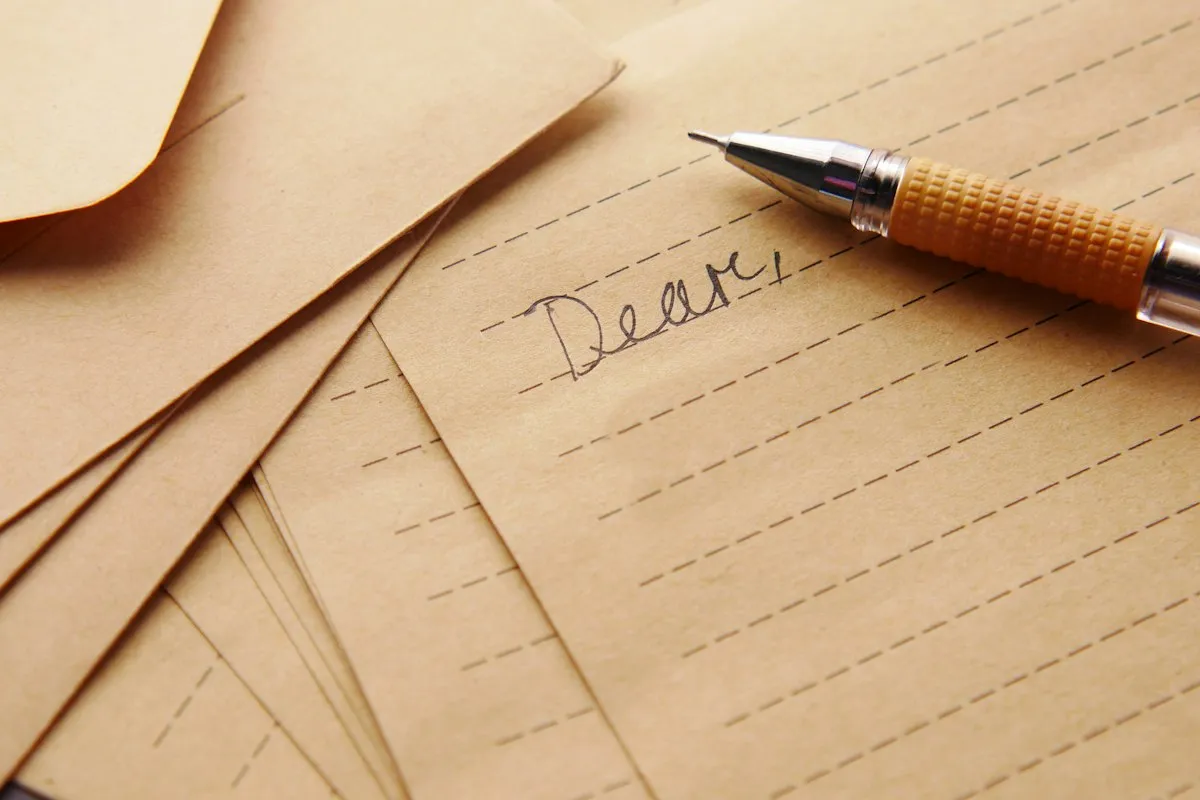 The handwritten word Dear, followed by a comma, on dashed-line kraft letter paper, with an orange-gripped ballpoint pen resting across the sheet and brown envelopes fanned beneath it