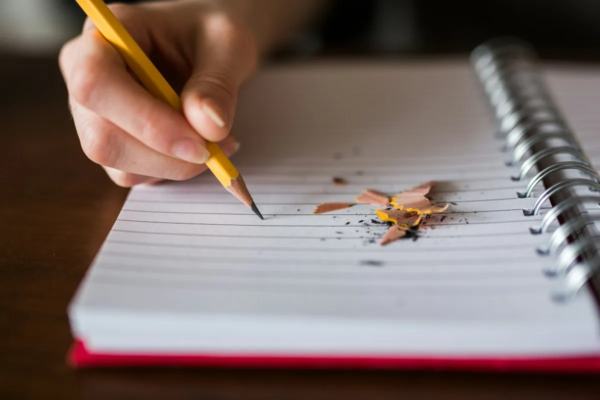 A hand holding a sharpened yellow pencil over a blank lined page of a spiral notebook, with pencil shavings scattered on the paper and a dark wooden desk behind