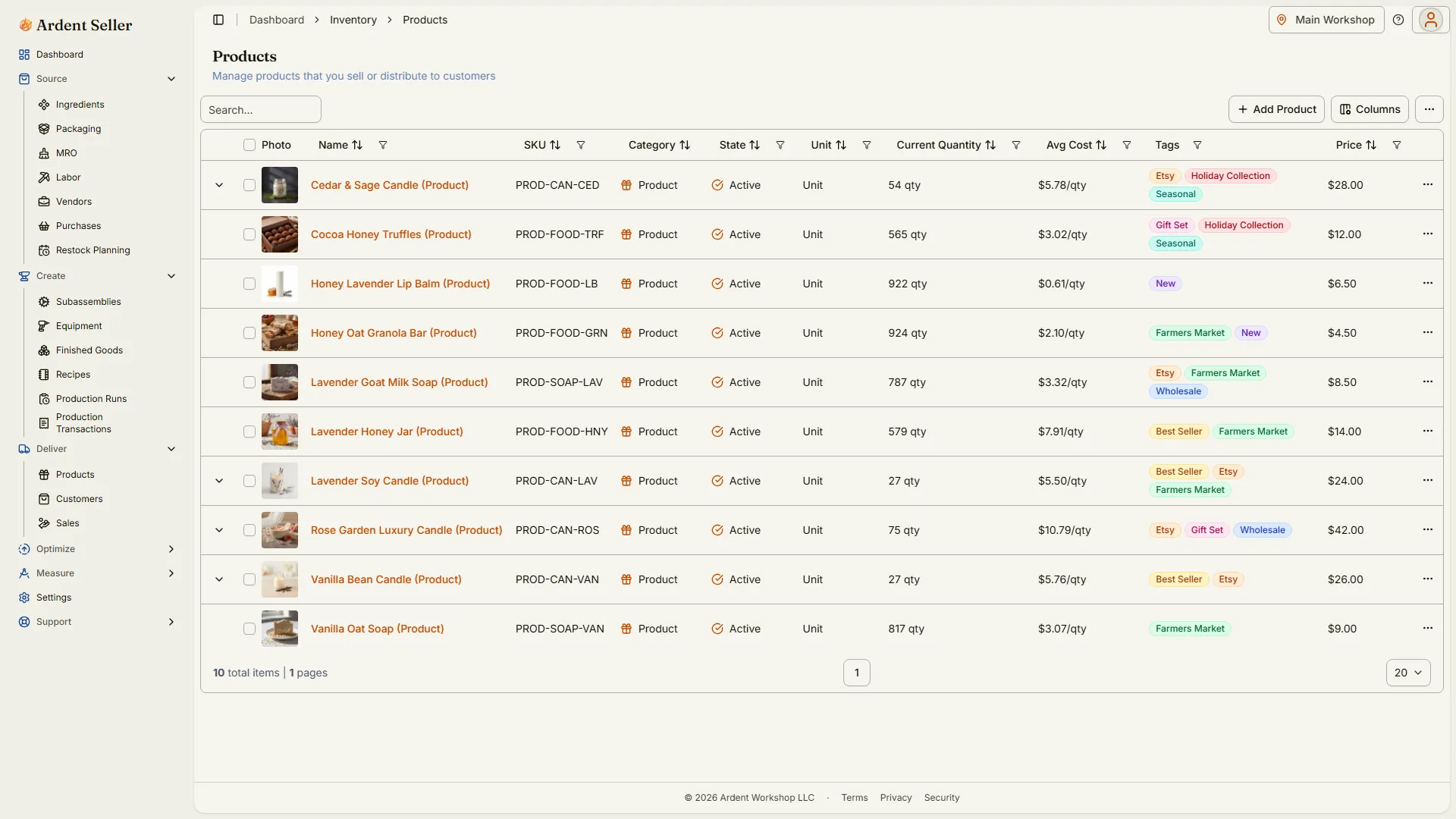 Ardent Seller product inventory showing candle and soap quantities, average unit costs, selling prices, and channel tags