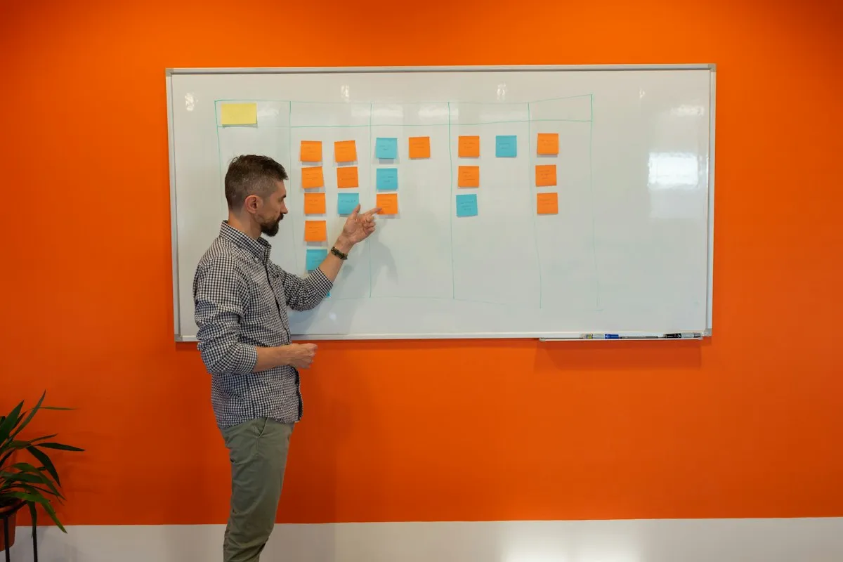 A man in a checked shirt points at rows of orange and blue sticky notes arranged in hand-ruled columns on a whiteboard mounted on a bright orange wall