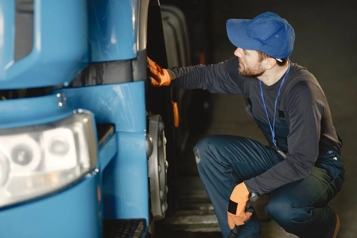 A mechanic in work overalls and gloves crouches beside the front wheel of a blue truck, checking the tire by hand