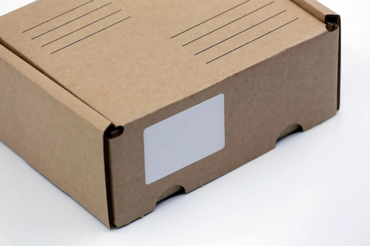 A kraft cardboard shipping mailer box with a blank white address label, photographed on a plain white background.
