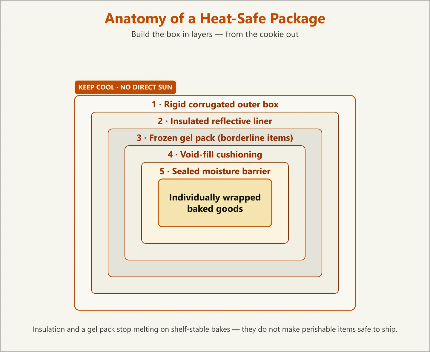 Cross-section diagram of a heat-safe shipping box showing, from outside in, a rigid corrugated outer box, an insulated reflective liner, a gel ice pack, void-fill cushioning, a sealed moisture barrier, and individually wrapped baked goods, with a Keep Cool label on the outside