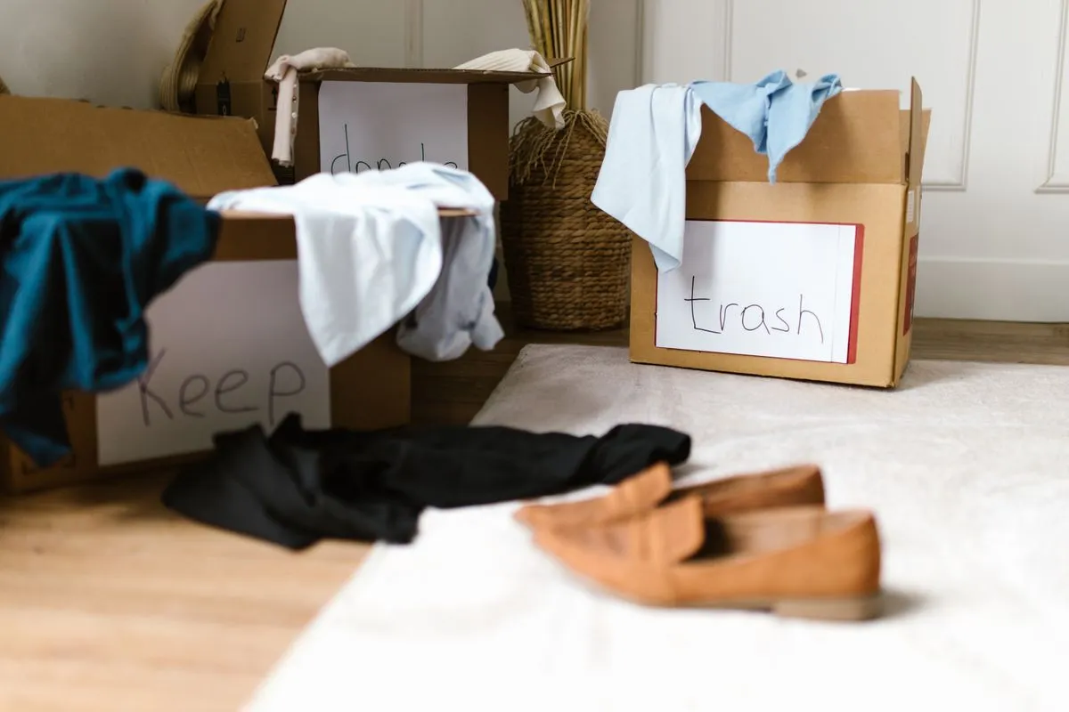 Cardboard boxes on a wooden floor with handwritten labels reading keep, donate and trash, clothes draped over them and a pair of tan loafers on a white rug