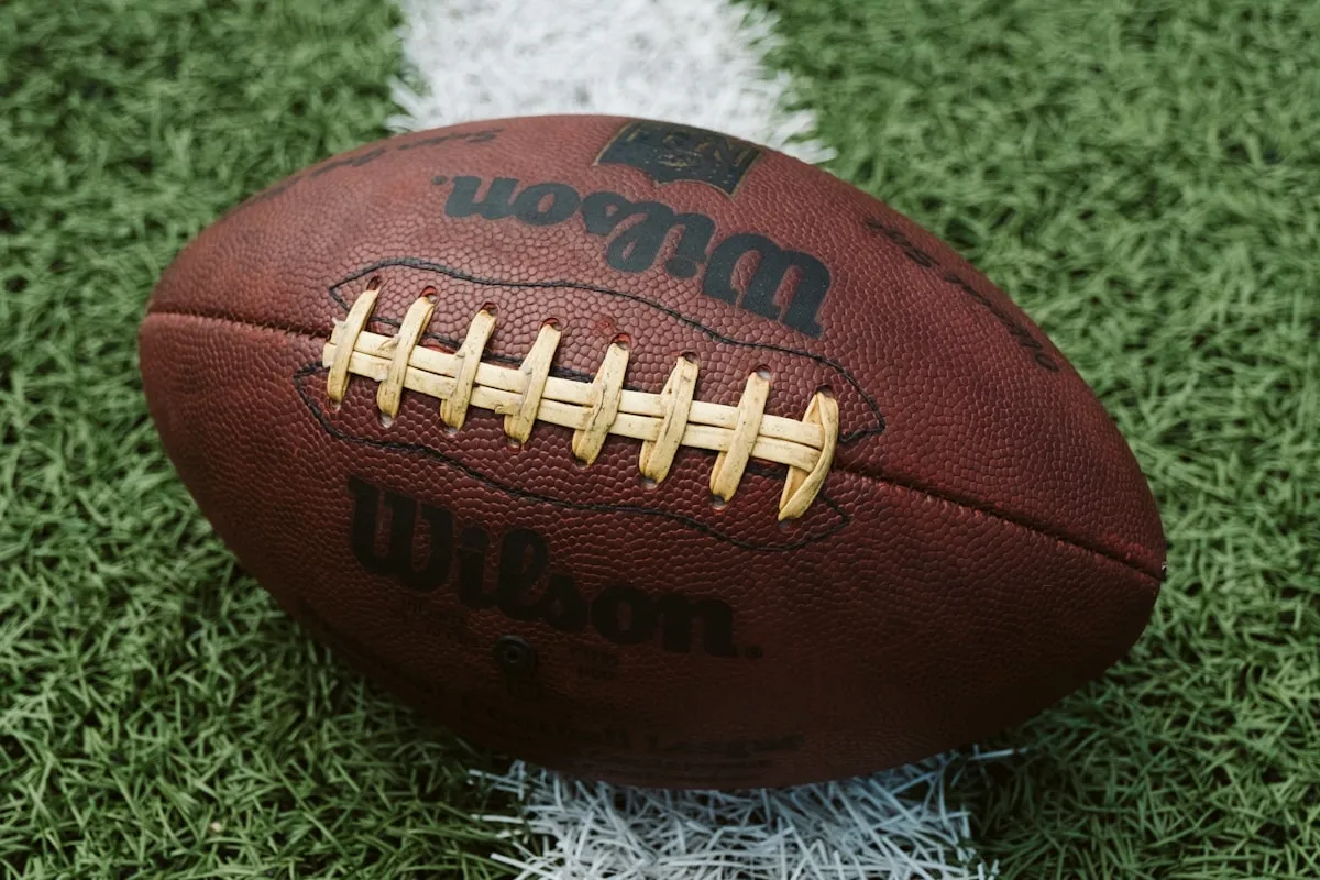 A worn brown Wilson American football with white laces resting on green artificial turf beside a painted white yard line